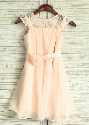 Blush Pink Lace Chiffon Curly Hem Flower Girl Dress With Flower Sash